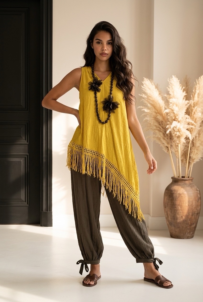 Blusa asimétrica flecos